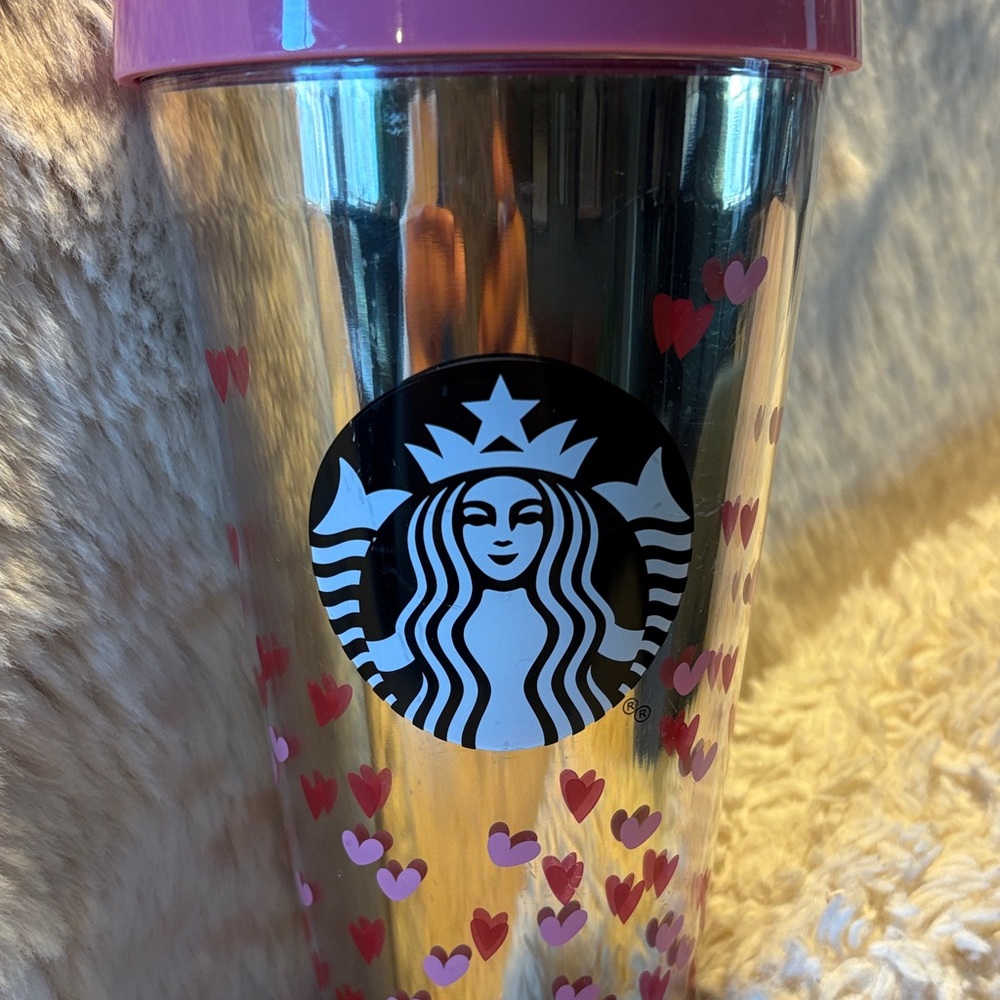 Starbucks Black Tumbler with Pink Hearts and Lid